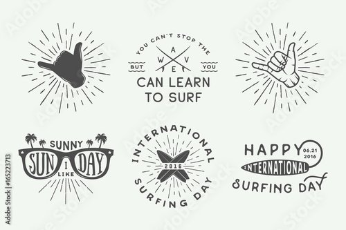Set of vintage surfing logos, posters, prints, slogans in retro style. Vector Illustration. Monochrome graphic art.