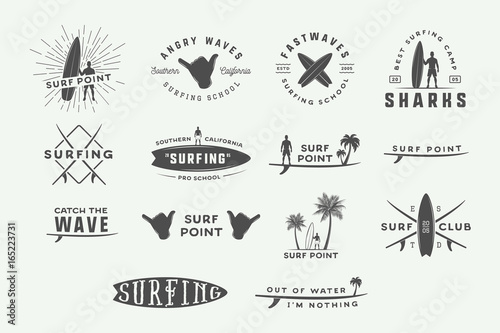 Set of vintage surfing logos, emblems, badges, labels and design elements. Graphic vector Illustration