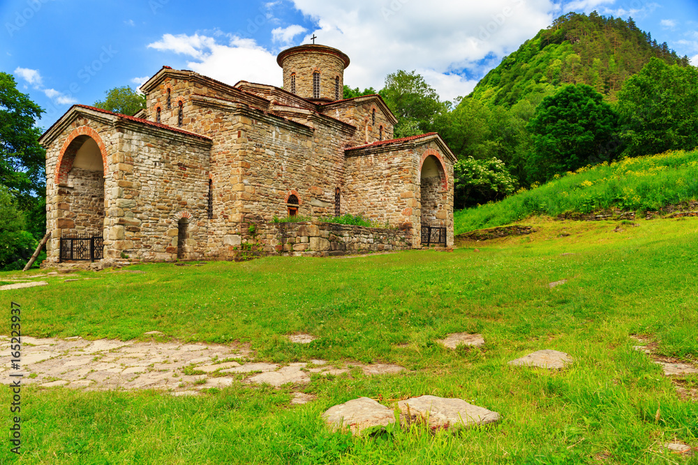 Arkhyz Middle Temple in the summer landscape in the mountains of Caucasus.