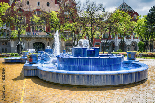 Subotica, Serbia - April 23, 2017: Blue fountain in Subotica town, Serbia