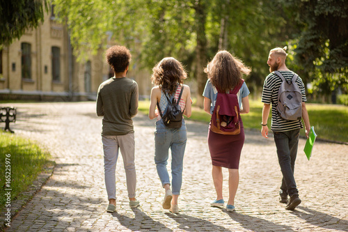 Rear view on group of students going together to college. Boys and girls walking together enjoying sunnu weather.