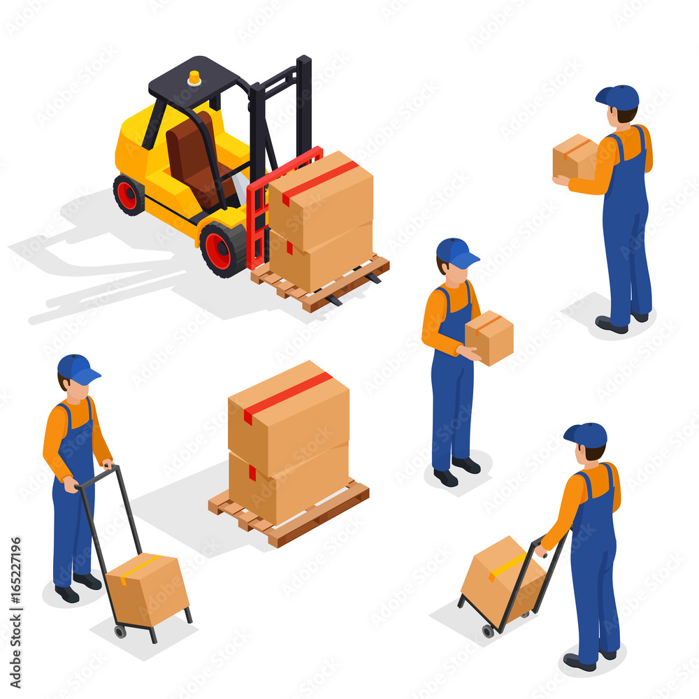 Forklift Truck With Delivery Workers Isolated on White Background, Vehicle Forklift Picks up a Box, Vector Illustration Forklift Truck With Delivery Workers Isolated on White Background, Vehicle Forklift Picks up a Box, Vector Illustration