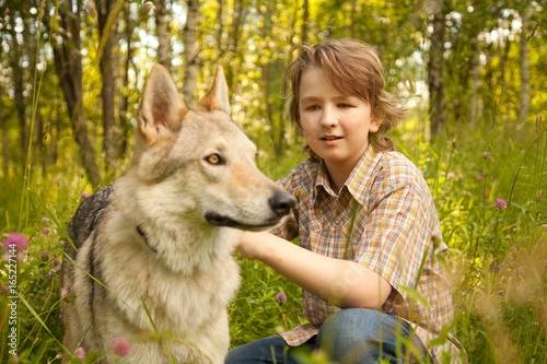 little pretty kid boy with big dog wolf on the grass