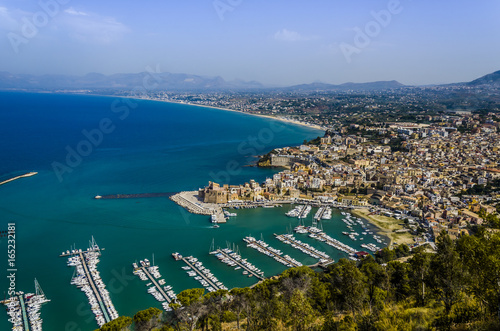 Aerial view of the old port of Castellamare del Golfo and its new moorings for yachts