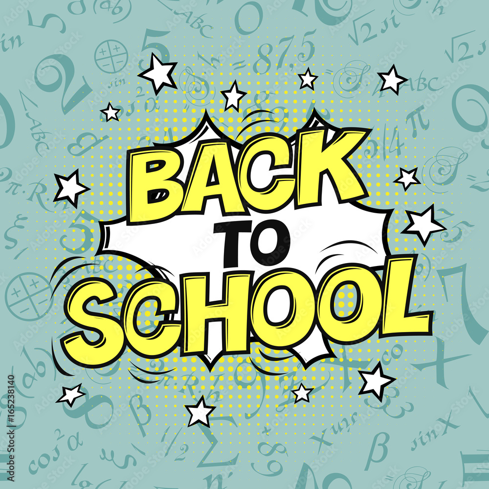 Obraz premium Back to school vector illustration. Formulas background. Comic retro style. Halftone circle element.