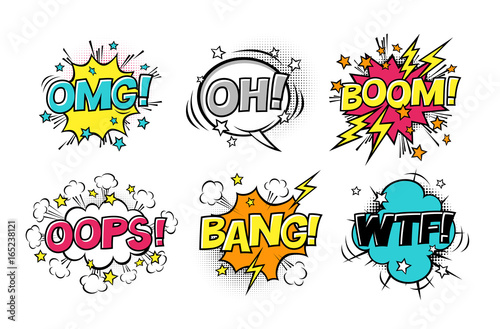 Comic speech bubbles set with different emotions and text BOOM, OMG, OH, BANG, OOPS, WTF. Vector cartoon illustrations isolated on white background.