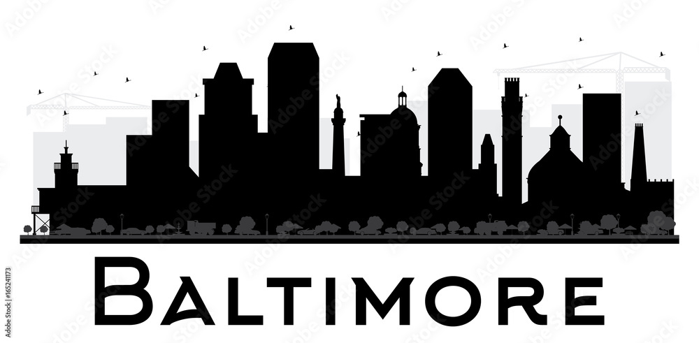 Baltimore City skyline black and white silhouette.