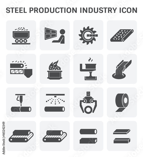 Steel production industry, manufacturing and metallurgy vector icon with mining and machine equipment i.e. production line, furnace, foundry. Include process of smelting, casting and making product.