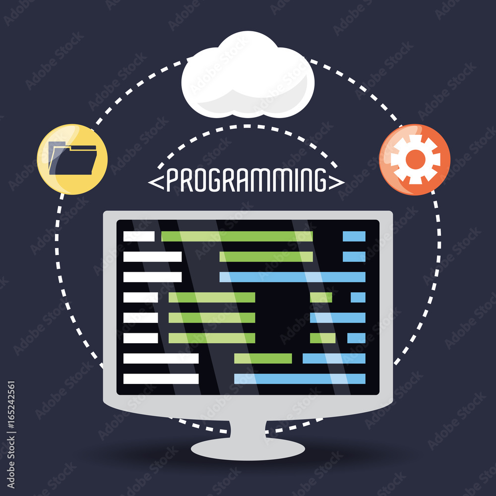 computer with programmig coding on screen computer with programmig coding on screen