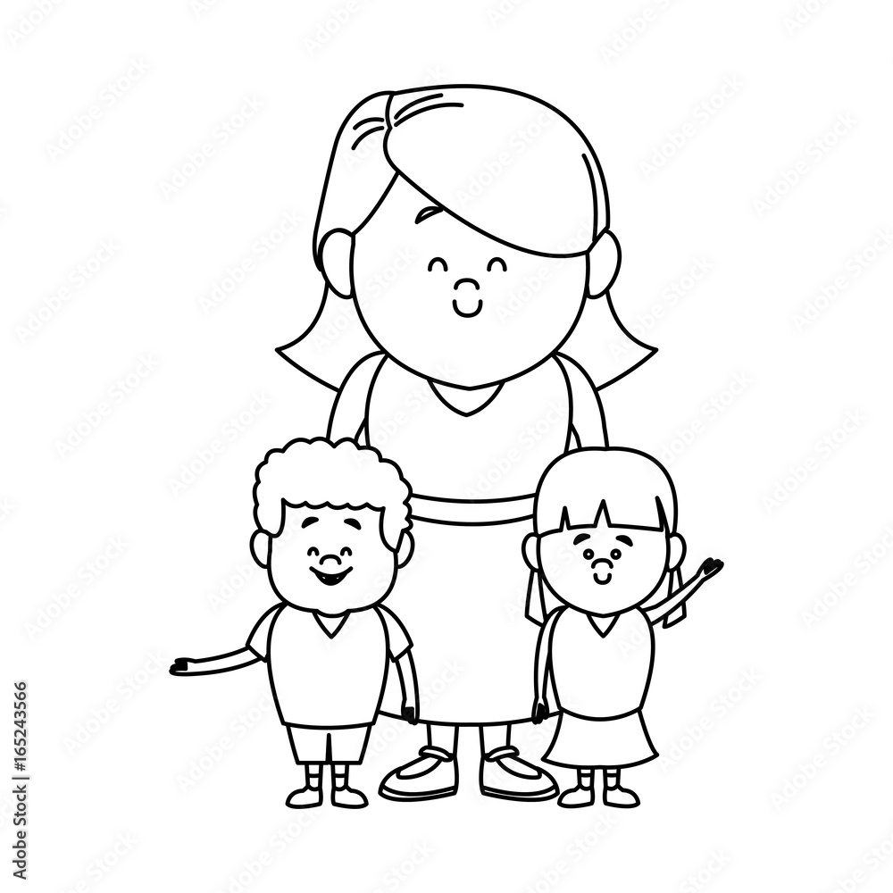 cute cartoon illustration of mother with two kids