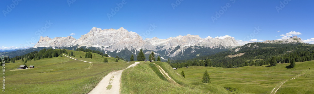Fantastic landscape on the Dolomites. View on the peaks called Sas Crusc, Lavarela, Conturines and Pizes de Fanis. Place is Alta Badia, Sud Tirol, Italy