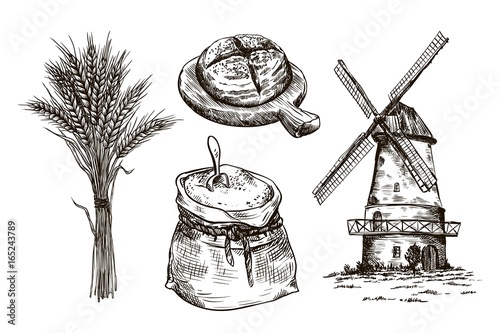 sack of flour, windmill and fresh bakery products. homemade baking. bakery products. vector sketches on white