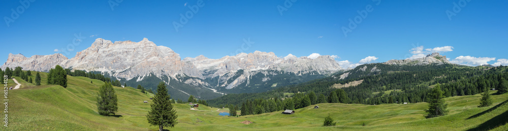 Fantastic landscape on the Dolomites. View on the peaks called Sas Crusc, Lavarela, Conturines and Pizes de Fanis. Place is Alta Badia, Sud Tirol, Italy