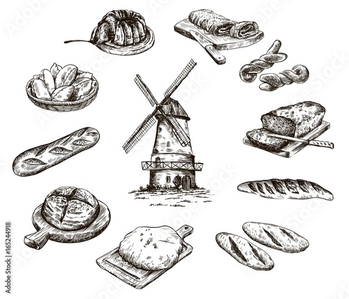 windmill and fresh bakery products. homemade baking. bakery products. vector sketch on white