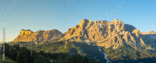 Fantastic landscape on the Dolomites during the sunset. View on Sas Crusc, and Lavarela picks. Alta Badia, Sud Tirol, Italy