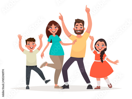 Funny family. Dad, mother, son and daughter are happy
