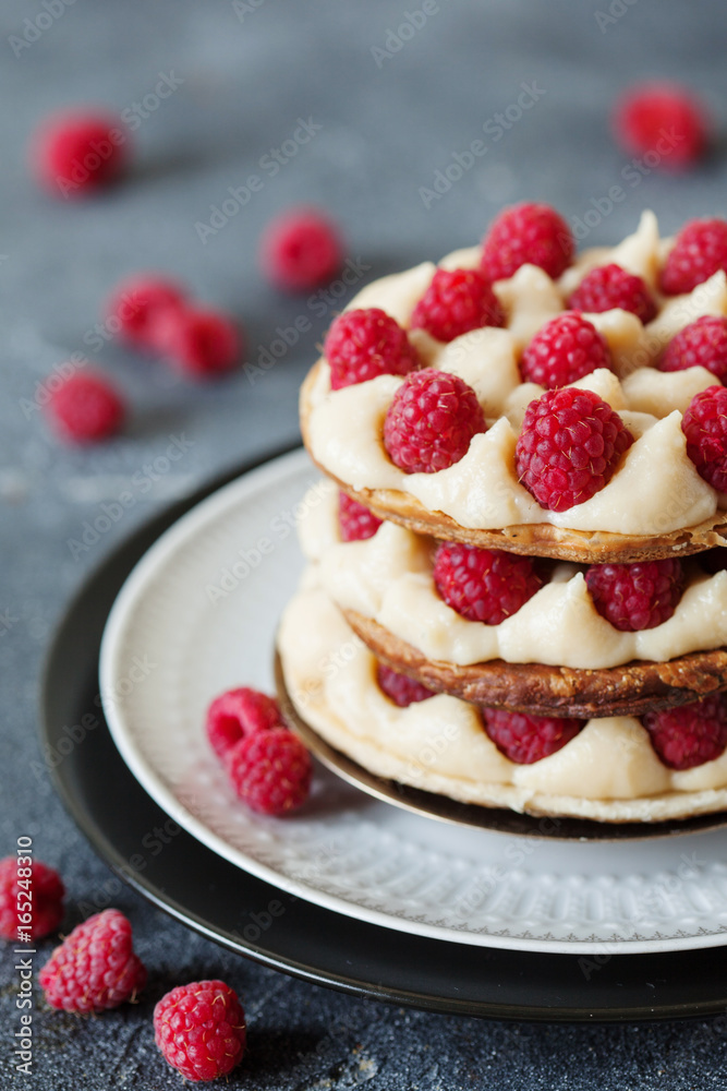 Millefeuille with vanilla cream and raspberry Millefeuille with vanilla cream and raspberry