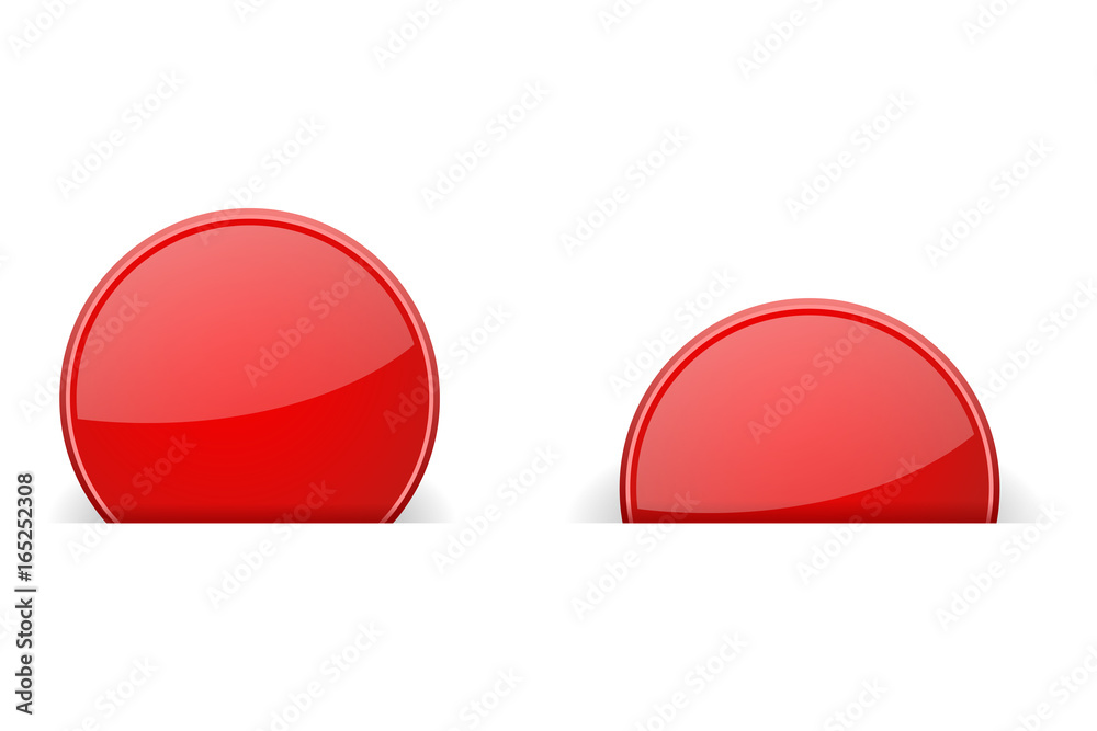 Round red labels partially hidden in paper holes, with transparent shadow Round red labels partially hidden in paper holes, with transparent shadow