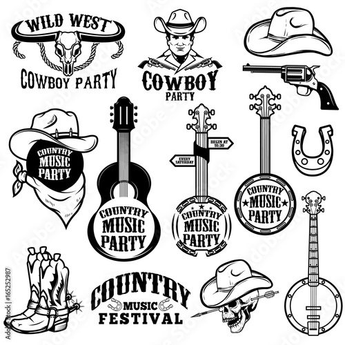 Set of country music festival emblems and design elements. Cowboy party. Vector illustration photo