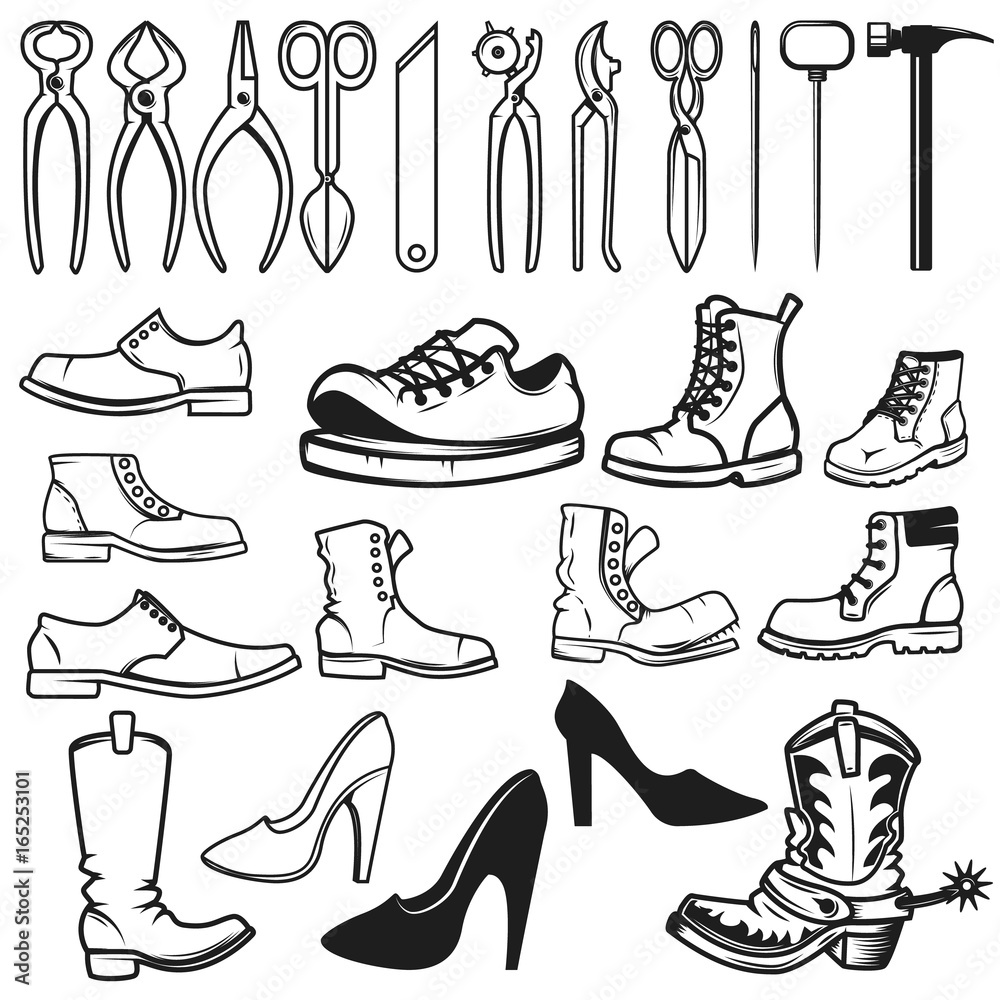 Shoe repair design elements. Tools for shoe repair. Shoes. Vector  illustration Stock Vector | Adobe Stock