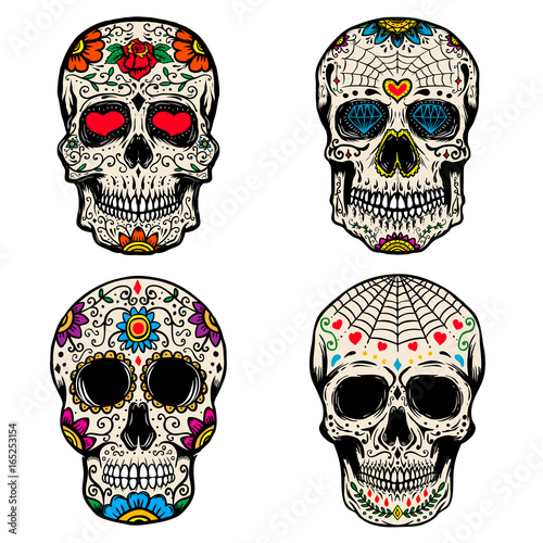 Set of the sugar skulls isolated on white background. Dia de los Muertos. Day of the Dead. Vector illustration