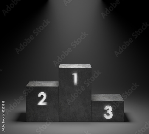 Empty winners concrete podium with neon number  glowing light on spotlight background. 3D rendering.
