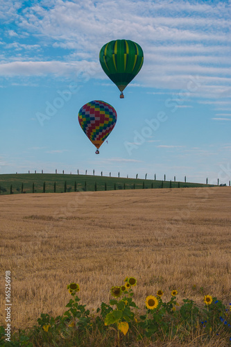 Paesaggio rurale umbro con girasoli e mongolfiere in cielo