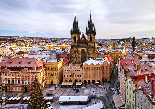 Old Town Square with Church of Our Lady before Tyn at christmas time in Prague, Czech Republic. photo