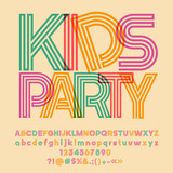 Bright logo with text Kids Party. Vector set of colorful Alphabet letters, numbers and symbols. Graphic style Font.