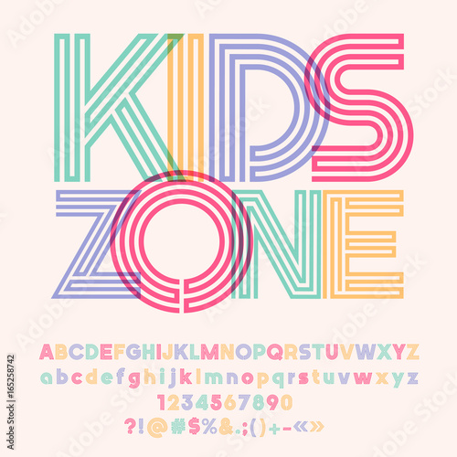 Bright logo with text Kids Zone. Vector set of colorful Alphabet letters, numbers and symbols. Graphic style Font.