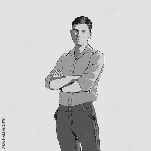 Handsome young adult men in shirt and trousers. Hand drawing illustration with black line art. Man with crossed arms