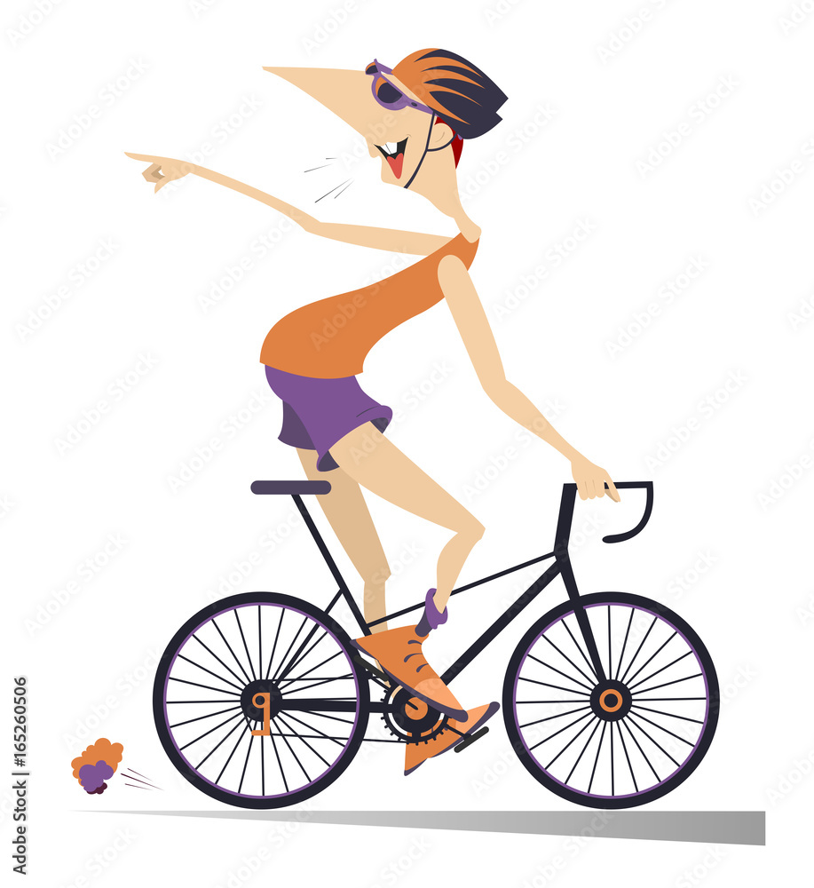 Obraz premium Cartoon man rides a bike isolated. Smiling man in helmet on the bike looking back laughs and points a finger to someone or something 