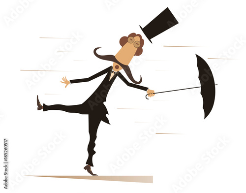 Cartoon man, umbrella and windy day isolated. Funny mustache man in the top hat stands on the wind and tries to keep an umbrella
