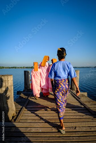 Ubein Bridge at sunrise in Mandalay, Myanmar photo