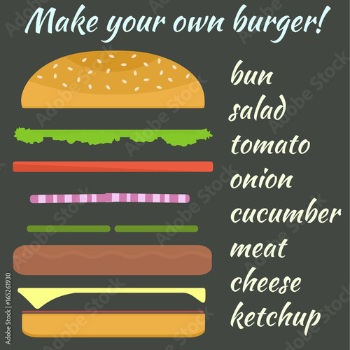 Illustration with variation of burger ingredients, make your own hamburger infographics for bar, restaurant, cafe menu