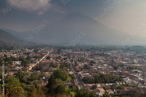 Aerial view of Antigua, Guatemala. Agua volcano in the background.