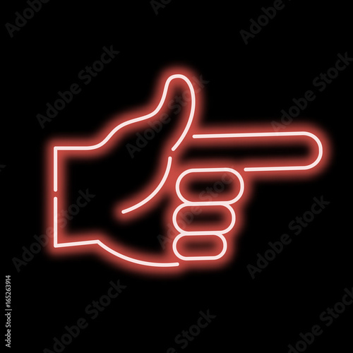 Neon sign hand pointing finger. Red sign on a black background. vector illustration.