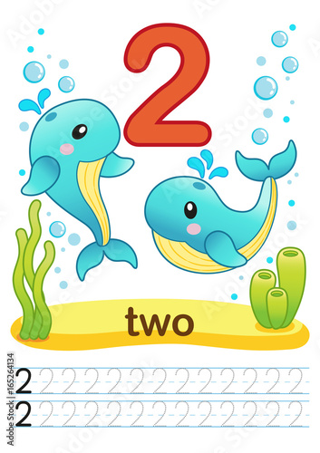 Printable worksheet for kindergarten and preschool. We train to write numbers. Math exercises. Bright figures on a marine background with cute marine life. Number 2 and whales