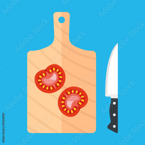 Cutting board, kitchen knife and tomato slices. Food preparation, cooking concepts. Flat design. Vector illustration