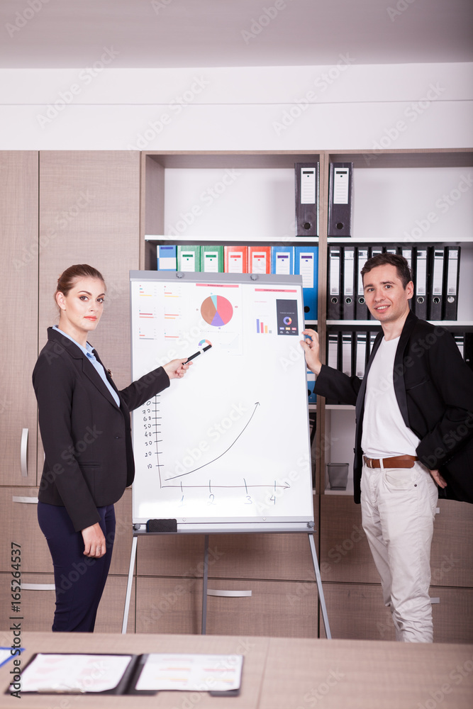 Corporate workers in an office next to a flip chart. Business and finance
