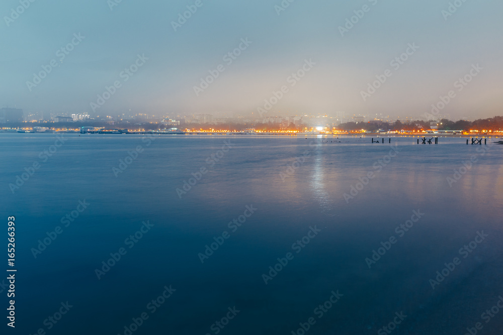 City By The Sea At Sunset In Fog On Background Of Harbor. Picturesque Evening Landscape. Gelendzhik, Russia