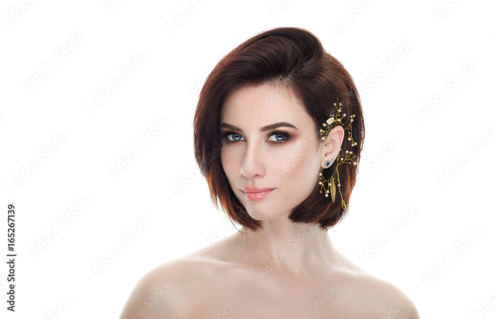 Beauty portrait of adult adorable fresh looking brunette woman with gorgeous makeup diy headpiece bob hairdo posing against isolated white background showing emotion and facial expression concept.