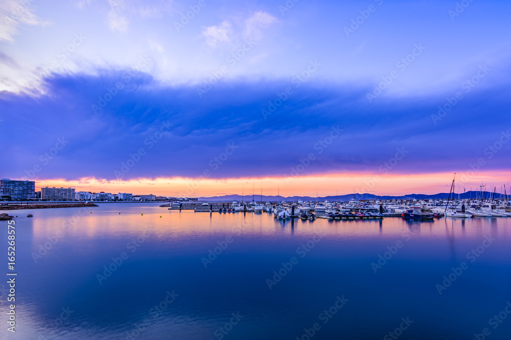 Sunset in quiet port of l'Escala, Costa Brava.