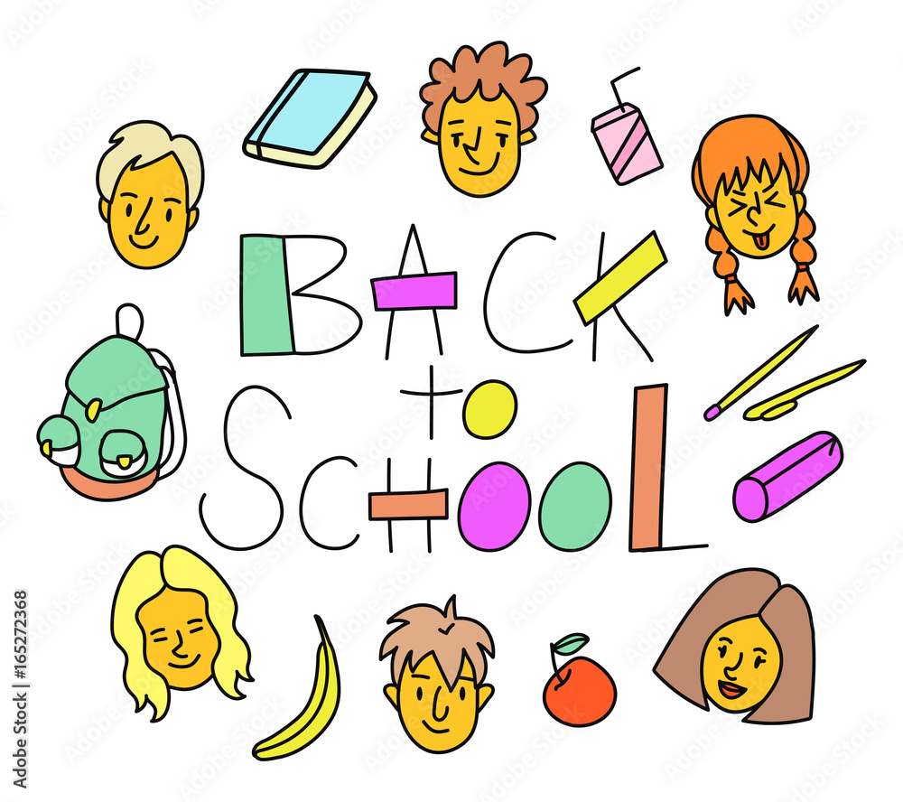 Back to school linear lettering. Happy smiling kids and studying objects (juice, banana, apple, stationery, pen, notebook, pencil box, backpack). 80s/90s style funny cartoon style children characters. Stock Vector | Adobe Stock Back to school linear lettering. Happy smiling kids and studying objects (juice, banana, apple, stationery, pen, notebook, pencil box, backpack). 80s/90s style funny cartoon style children characters. Stock Vector | Adobe Stock
