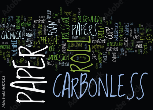 THE CARBONLESS PAPER ROLL IS OFFERED IN THE FORM OF REELS AND SHEETS Text Background Word Cloud Concept photo