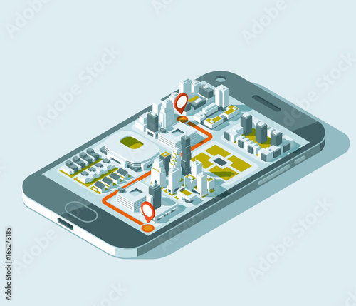 City isometric plan with road and buildings on smart phone. Map on mobile application. 3d vector illustration.