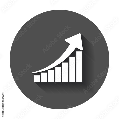 Growth chart icon. Grow diagram flat vector illustration. Business concept on black round background with long shadow.