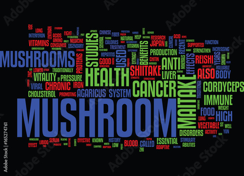 THE BENEFITS OF MUSHROOMS FOR YOUR HEALTH Text Background Word Cloud Concept