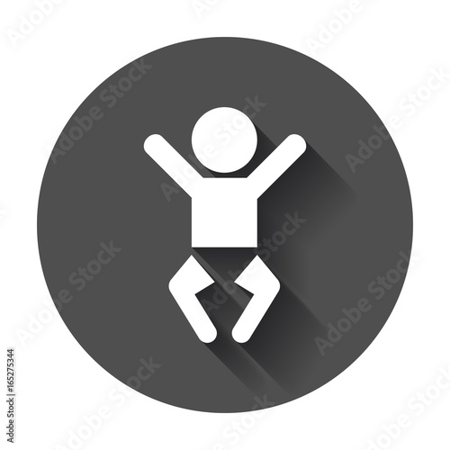 Baby vector icon. Child flat illustration on black round background with long shadow.