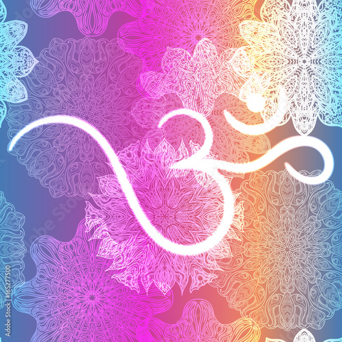 Ornate floral seamless texture, endless pattern with glowing bright mandala elements and ohm symbol